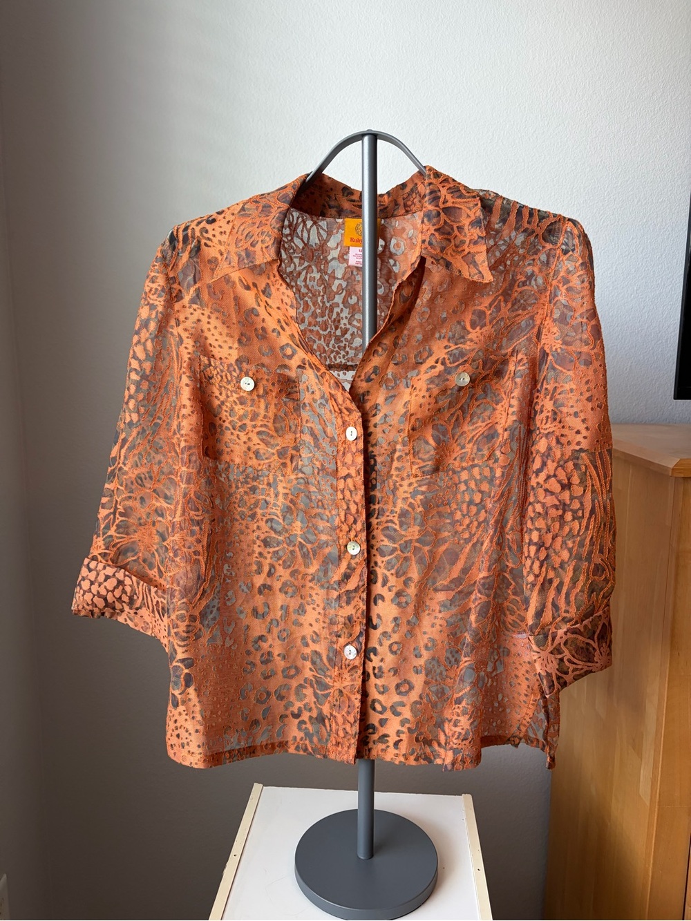 Vintage Ruby Rd. Sheer Animal-Print Button-Up Shirt in Burnt Orange